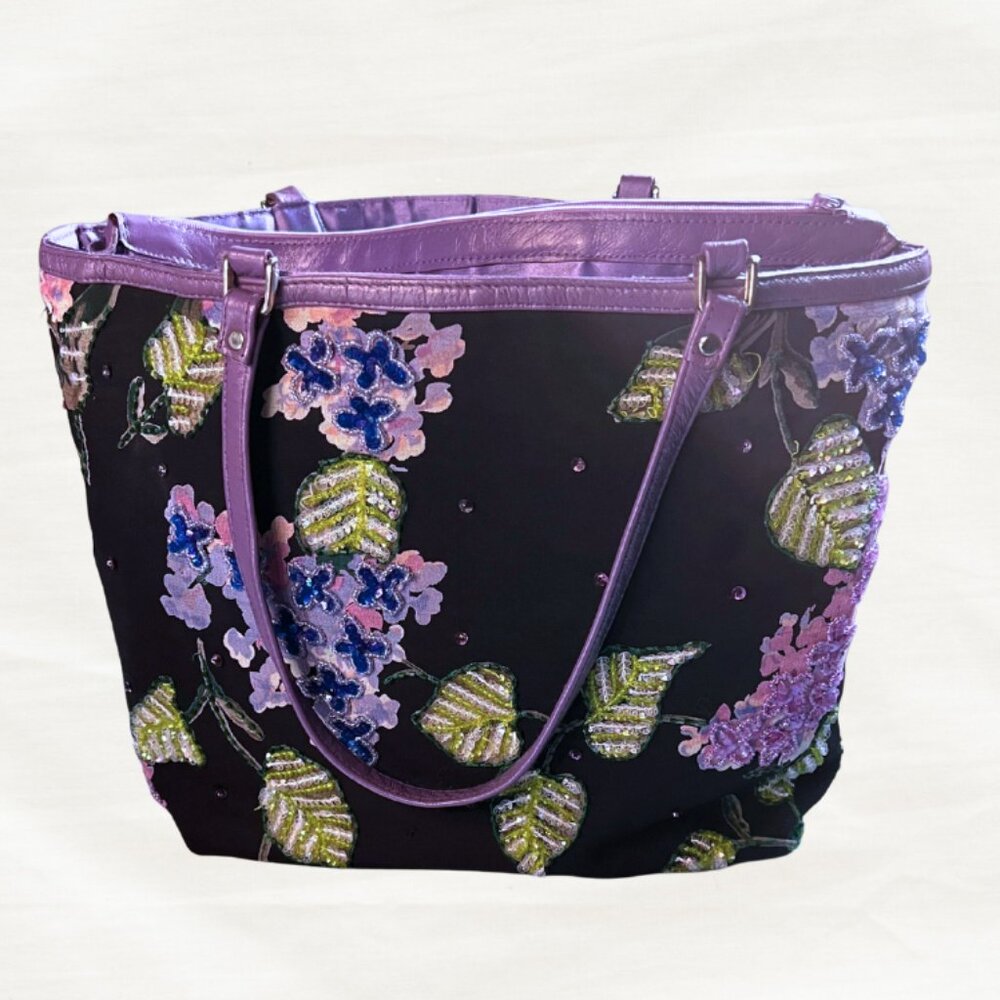 Christiana Beaded Floral Tote | Black Bag with Purple Satin Interior